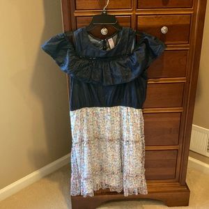 Justice open shoulder denim dress with tulle flowers, size 18 plus, adorable!